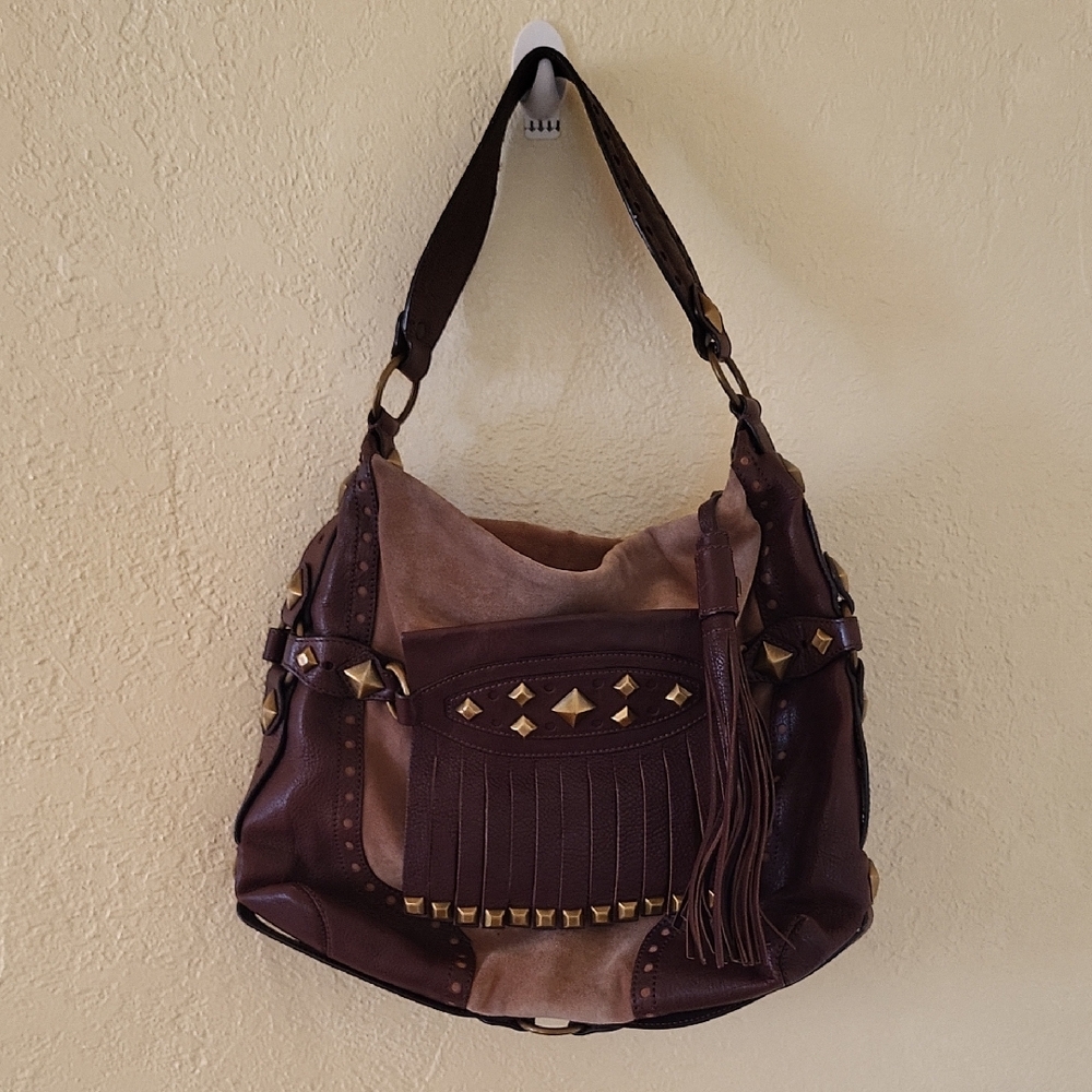 Michael Kors Leather and Suede Fringe Shoulder Hobo Bag